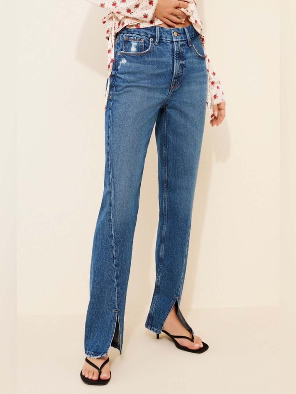Good American Women’s Good Icon Twisted Slit Hem High Waist Straight Leg Jeans